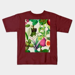 Vibrant tropical floral leaves and fruits floral illustration, Off white fruit pattern over a Kids T-Shirt